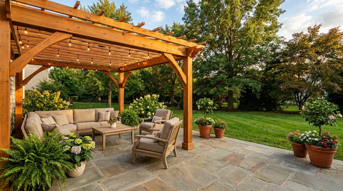 Backyard pergola patio in summer