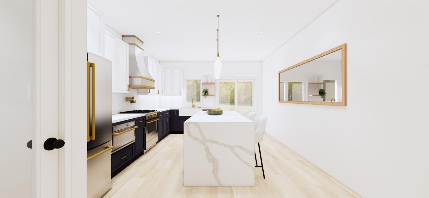White & Navy Chef's Kitchen — 3D design rendering by DFC Home Improvement